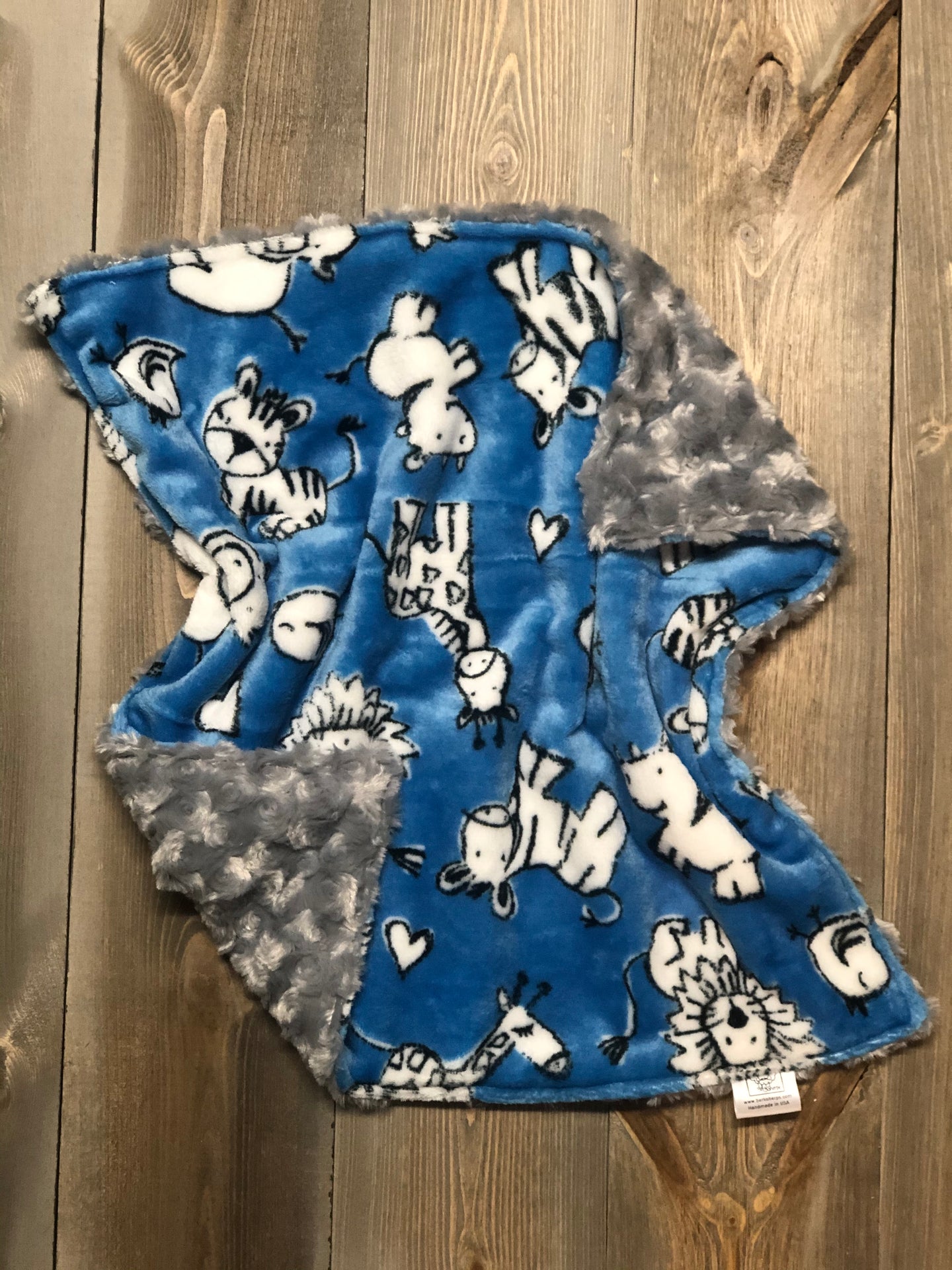 Lovie with Blue Zoo Animals/Grey Minky Swirl