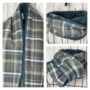 Blue/Grey/Sage Green Plaid Flannel and Blue Sherpa Infinity