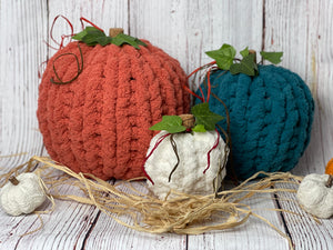 Set of 3 Sherpa Chenille Hand Knitted Pumpkins
