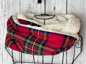 Red Tartan Plaid Flannel and Ivory Sherpa Infinity