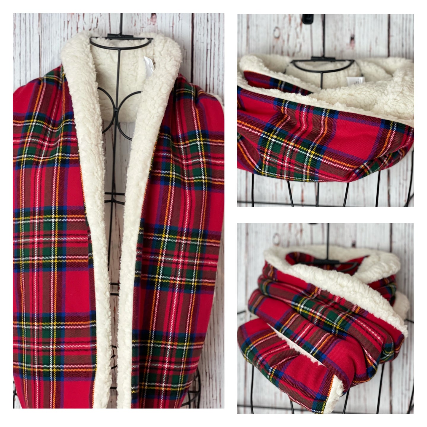 Red Tartan Plaid Flannel and Ivory Sherpa Infinity