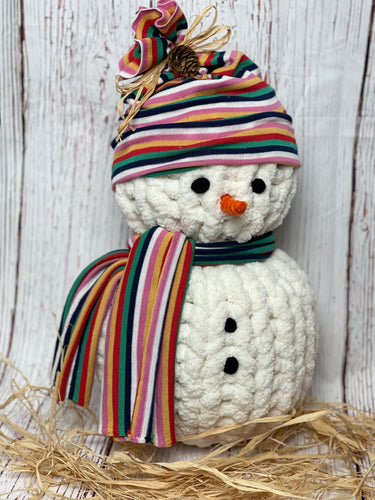 Snowman with Knit Rainbow Cap & Scarf
