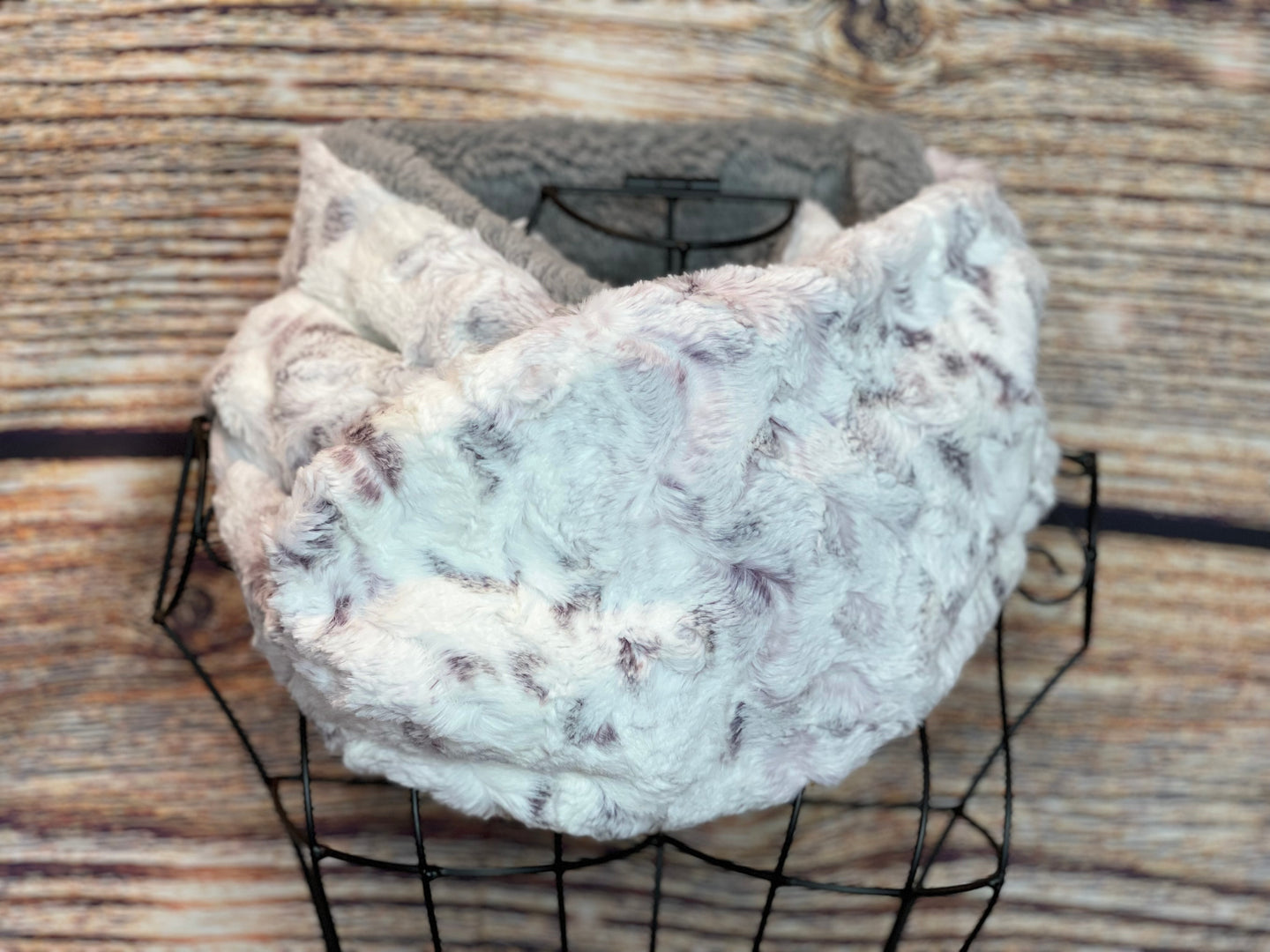 Snowy Owl in Cranberry Minky and Grey Sherpa Infinity