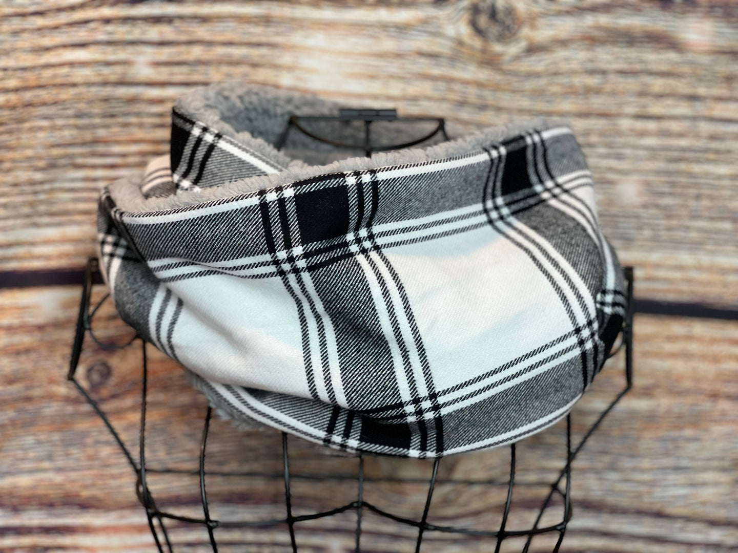 White and Black Plaid Flannel and Grey Sherpa Infinity