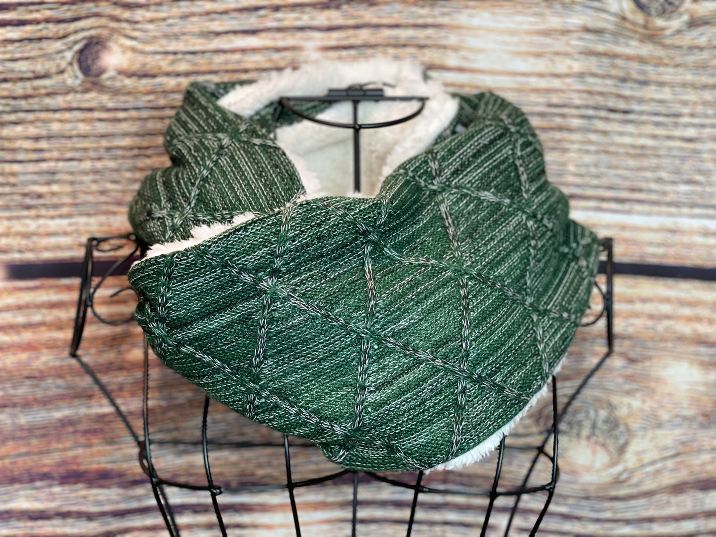 Green sweater Knit with Ivory Sherpa Infinity