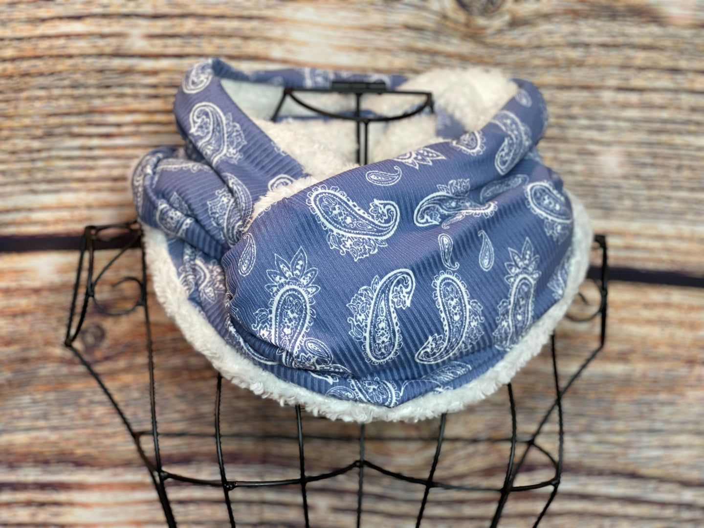 Blue Paisley Ribbed Knit with Ivory Sherpa Infinity