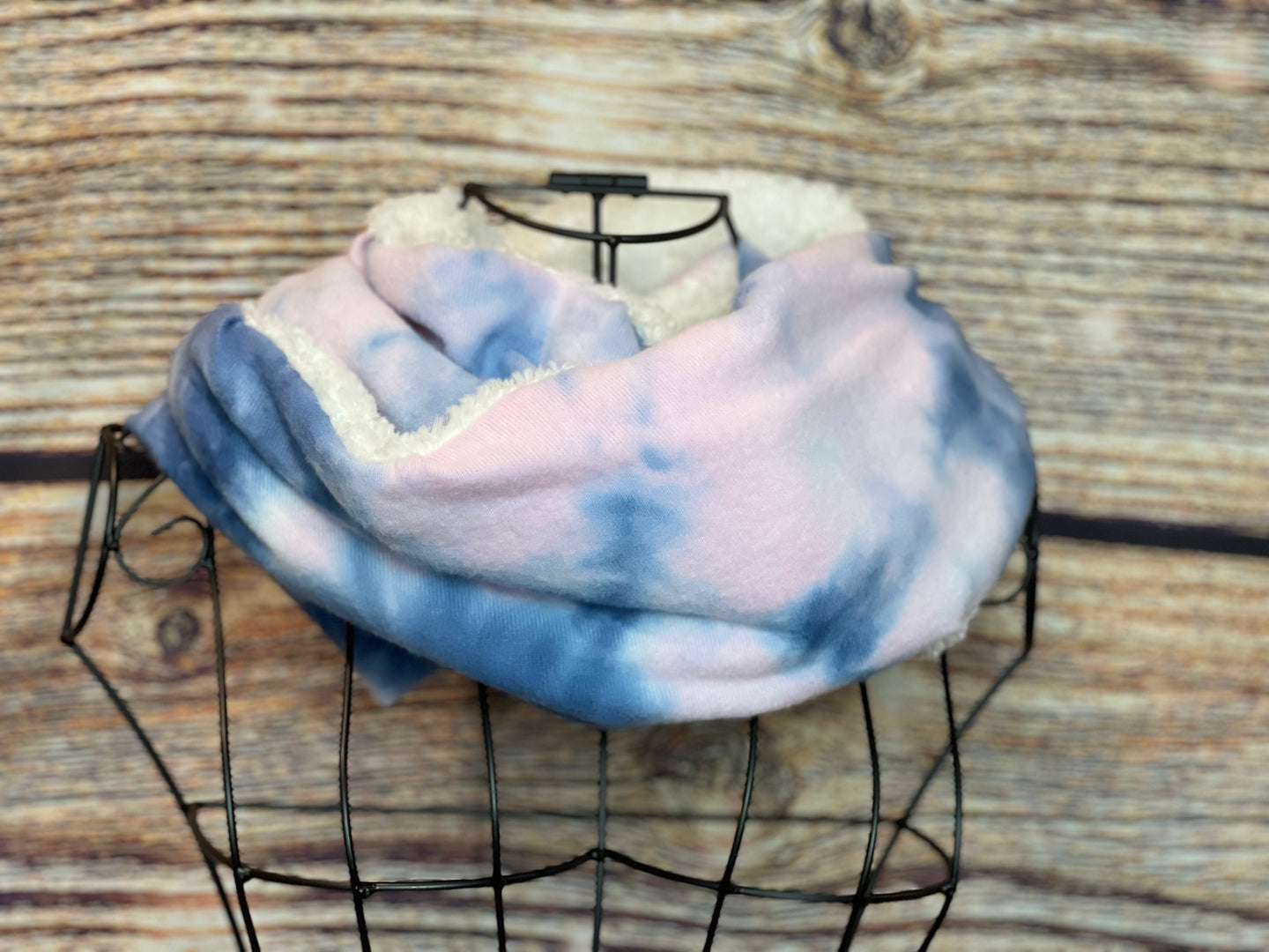 Blue and Pink Tie Dye Knit with Ivory Sherpa Infinity
