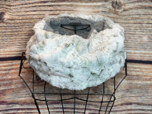Snowy Owl in Spruce Minky and Grey Sherpa Infinity