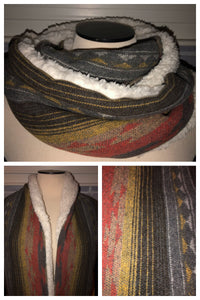 Grey Aztec Knit with strips of Orange and Yellow